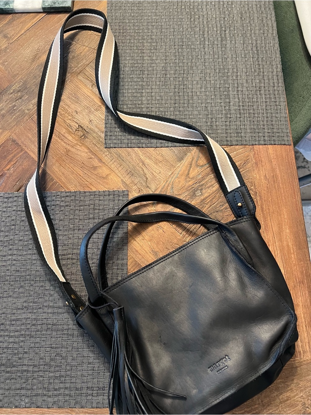 Margot Fiona CB Tote Bag-Black Leather Messenger Bag with Contrast Webbing Strap